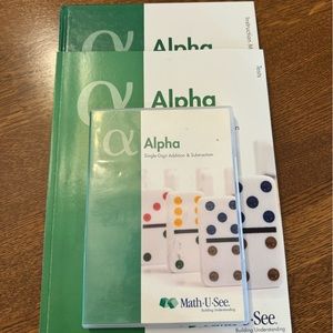 Math-u-see Alpha DVD, Instruction Booklet, and Tests.